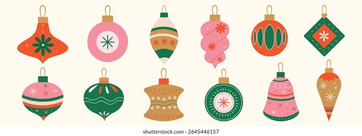 Christmas baubles set with trendy geometric ornament. Xmas balls in flat, minimalist style. Merry Christmas background for decorations, gift, greeting card, poster. Hand drawn Isolated vector illust
