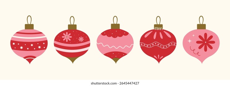 Christmas baubles set with trendy geometric ornament. Hand drawn Xmas balls in flat, minimalist style. Merry Christmas background for gift, decorations, poster, greeting card. Isolated vector illustr