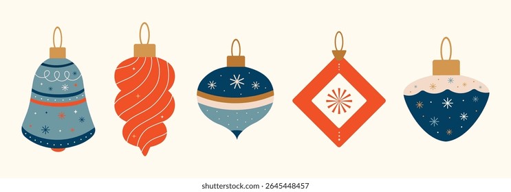 Christmas baubles set with trendy geometric ornament. Merry Christmas background for decorations, gift, greeting card, poster. Xmas balls in flat, minimalist, hand drawn, style. Isolated vector illust