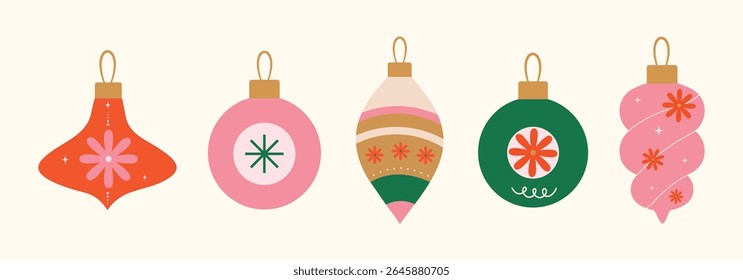 Christmas baubles set with trendy geometric ornament. Hand drawn color Xmas balls in flat, minimal style. Merry Christmas background for gift, decorations, poster, greeting card. Isolated vector illus