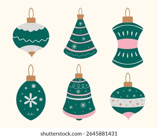 Christmas baubles set with trendy geometric ornament. Hand drawn Xmas balls in flat, minimalist style. Merry Christmas background for decorations, gift, poster, greeting card. Isolated vector illustra