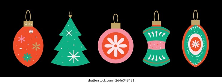Christmas baubles set with trendy geometric ornament. Merry Christmas background for decorations, gift, greeting card, poster. Xmas balls in flat, minimalist, hand drawn, style. Isolated vector illust