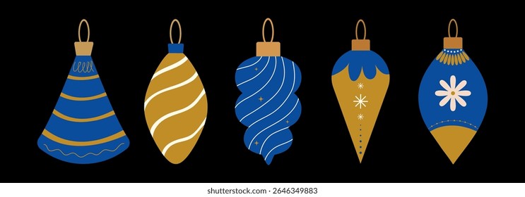 Christmas baubles set with trendy geometric ornament. Merry Christmas background for decorations, gift, greeting card, poster. Xmas balls in flat, minimalist, hand drawn, style. Isolated vector illust