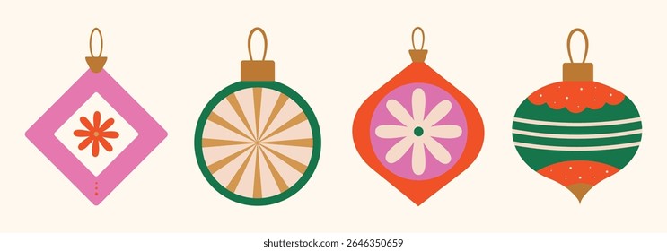 Christmas baubles set with trendy geometric ornament. Hand drawn Xmas balls in flat, minimalist, style. Merry Christmas background for decorations, gift, poster, greeting card. Isolated vector illustr