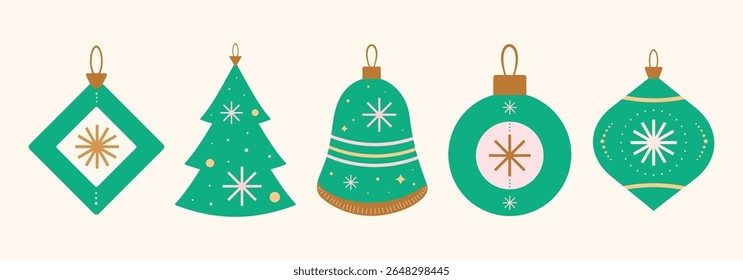 Christmas baubles set with trendy geometric ornament. Hand drawn Xmas balls in flat, minimal style. Merry Christmas background for decoration, gift, poster, greeting card. Isolated vector illustration