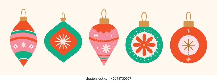 Christmas baubles set with trendy geometric ornament. Xmas balls in flat, minimalist style. Merry Christmas background for decorations, gift, greeting card, poster. Hand drawn Isolated vector illust