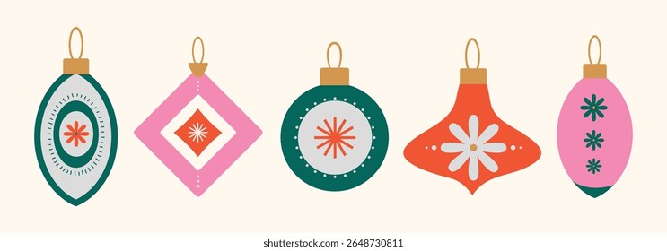 Christmas baubles set with trendy geometric ornament. Merry Christmas background for decorations, gift, greeting card, poster. Xmas balls in flat, minimalist, hand drawn, style. Isolated vector illust
