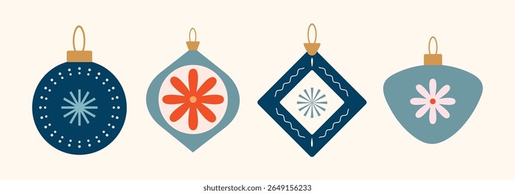 Christmas baubles set with trendy geometric ornament. Xmas balls in flat, minimalist style. Merry Christmas background for decorations, gift, greeting card, poster. Hand drawn Isolated vector illust