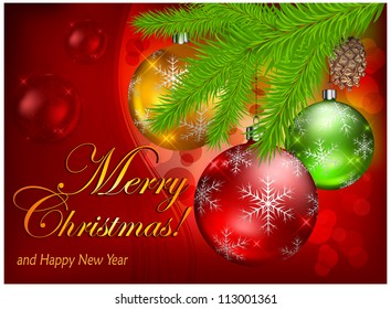 Christmas baubles with snowflake and fir on red background & text, vector illustration