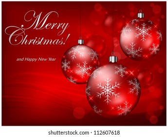 Christmas baubles with snowflake on red background & text, vector illustration