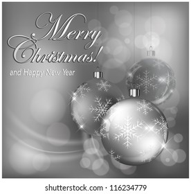 Christmas baubles with snowflake & text in silver, Christmas background, vector illustration