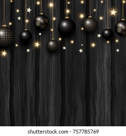 Christmas baubles and stars on a grunge wooden texture