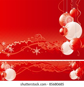 Christmas baubles. Vector horizontal illustration of christmas baubles  on red abstract background