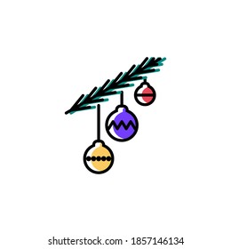 Christmas baubles vector icon in trendy minimalist style. Cute bright baubles on a fir branch isolated on white background. Winter holidays decoration. Line art. Red, violet and yellow balls.
