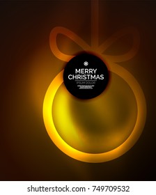 Weihnachtsbaumchen, dunkler Vektorhintergrund mit leuchtenden Neujahrskugeln. Weihnachtsschablone, gelbe und orangefarbene Farben