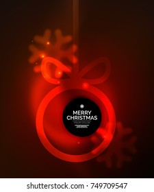 Christmas baubles, vector magic dark background with glowing New Year spheres. Holiday Christmas template, red color