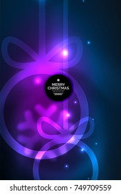 Christmas baubles, vector magic dark background with glowing New Year spheres. Holiday Christmas template, purple and blue colors