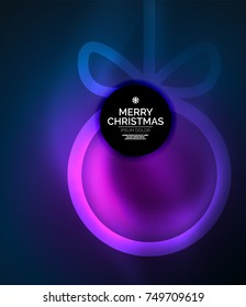 Christmas baubles, vector magic dark background with glowing New Year spheres. Holiday Christmas template, purple and blue colors