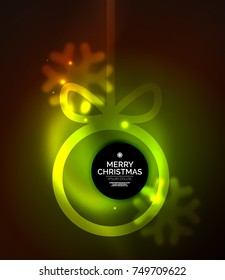 Christmas baubles, vector magic dark background with glowing New Year spheres. Holiday Christmas template