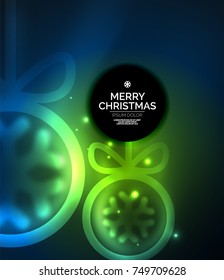 Christmas baubles, vector magic dark background with glowing New Year spheres. Holiday Christmas template, blue and green colors