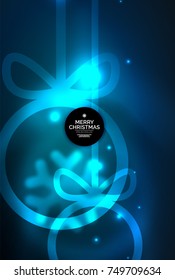Christmas baubles, vector magic dark background with glowing New Year spheres. Holiday Christmas template, blue color