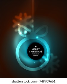 Christmas baubles, vector magic dark background with glowing New Year spheres. Holiday Christmas template