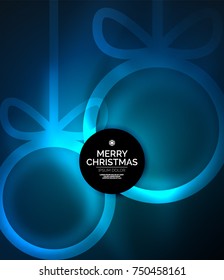 Christmas baubles, vector magic dark background with glowing New Year spheres. Holiday Christmas template, blue color