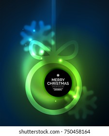 Christmas baubles, vector magic dark background with glowing New Year spheres. Holiday Christmas template, blue and green colors
