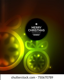 Baudibles navideños, magia vectorial fondo oscuro con brillantes esferas de Año Nuevo. Plantilla navidad