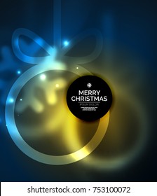 Christmas baubles, vector magic dark background with glowing New Year spheres. Holiday Christmas template with yellow and blue colors
