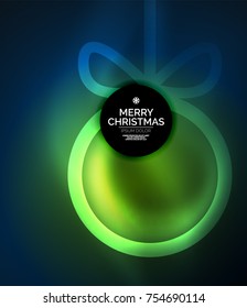 Christmas baubles, vector magic dark background with glowing New Year spheres. Holiday Christmas template, blue and green colors