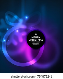 Weihnachtsbaumchen, dunkler Vektorhintergrund mit leuchtenden Neujahrskugeln. Weihnachtsgeschenk, violett-blaue Farben