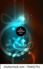 Christmas baubles, vector magic dark background with glowing New Year spheres. Holiday Christmas template