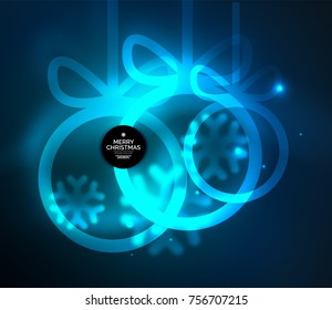 Baudibles navideños, magia vectorial fondo oscuro con brillantes esferas de Año Nuevo. Plantilla navideña de vacaciones, color azul