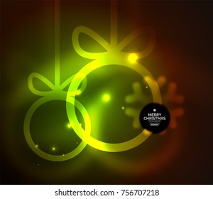 Christmas baubles, vector magic dark background with glowing New Year spheres. Holiday Christmas template