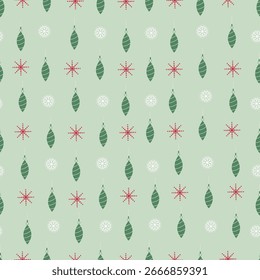 Navidades adornos de Vector sin patrón. Diseño de la superficie de vacaciones Xams. Navidades alegres adornos de bolas y copos de nieve. Textura navideña sobre fondo pastel.