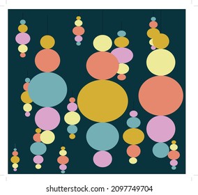 Christmas Baubles In Yellow, Turquoise, Orange, Pink and Gold On Dark Green Background, Overlapping