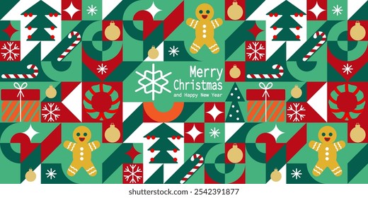 Christmas bauhaus abstract geometric background. Merry Christmas pattern, wallpaper, banner, festive cover design Winter Celebration. Seamless festive vector mosaic, minimal scandinavian ornament