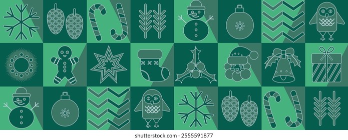 Christmas Bauhaus. Christmas abstract geometric background. Seamless festive vector mosaic, minimal scandinavian ornament. Merry Christmas, wallpaper, banner, festive cover design. Winter holiday.
