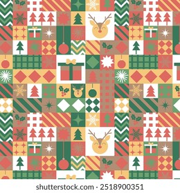 Christmas bauhaus background, retro, vintage, pattern, red, green, yellow, raindeer, snowflake, present, tree, ornament, texture, design, wallpaper, print, fabric, icon, geometrical, vector.