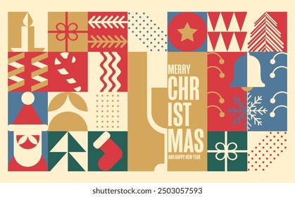 Navidades Bauhaus patrón geométrico de vacaciones. Fondo de pantalla de Feliz Navidad, Anuncio, impresión de celebración o cubierta de diseño festivo de invierno. Ornamento de Vector retro de Festiva, tela mínima Formas modernas escandinavas