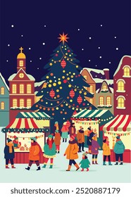 Christmas bazaar. Family, people, Sale, preparation. Outdoor celebration. New year market, Vertical composition