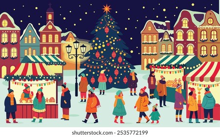 Christmas Bazaar. Family, people, Sale, preparation. Outdoor celebration. New year market.