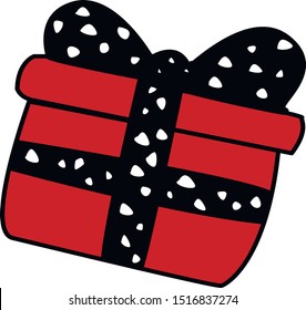 Christmas BD gift with black outline red with black ribbon dot bow vector illustration for postcard, design, textile, paper