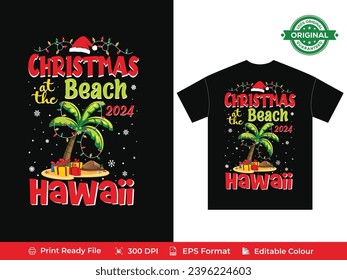 Christmas at the Beach in Hawaii - Festive T-shirt Design with Santa Hat, Lights, Tropical Vibes, Christmas Tshirt Design Vector Illustration