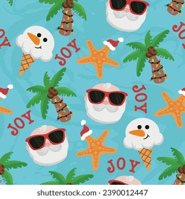 Christmas at the beach pattern with Santa Claus, ice cream snowman,  palm trees, and sea star. Blue background.