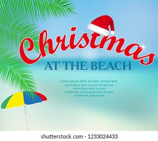 Christmas at the beach poster or banner seashore landscape. Winter vacation. Vector illustration.