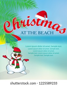 Christmas at the beach poster or banner with snowman. Winter vacation. Vector illustration.