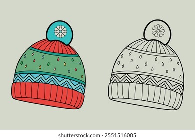 Christmas Beanie Hats with Winter Patterns Coloring Page for Kids and Adults