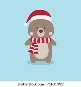 Christmas Bear cartoon character, A Cute Brown Teddy Bear with santa claus hat vector illustration.
